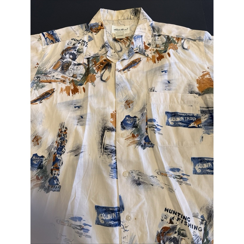 Vintage‎ Eddie Bauer Shirt M Tan Hunting Fishing Novelty Short Sleeve Mens M